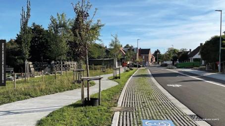 Het organisch vormgegeven wandelpad in beton, ingebed in het gras, waarbij het groen van de begraafplaats visueel doorloopt tot tegen de openbare weg. Nominatie Prijs Publieke Ruimte 2024 © Infopunt Publieke Ruimte