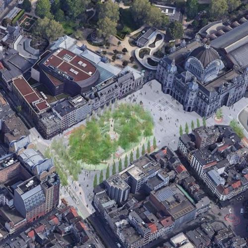 Een simulatiebeeld van het nieuwe Astridplein naar het ontwerp van Bureau Bas Smets. © Bureau Bas Smets