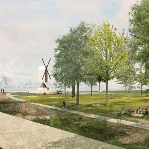 Visualisatie van de Scheldebocht met molen. © Bureau Bas Smets