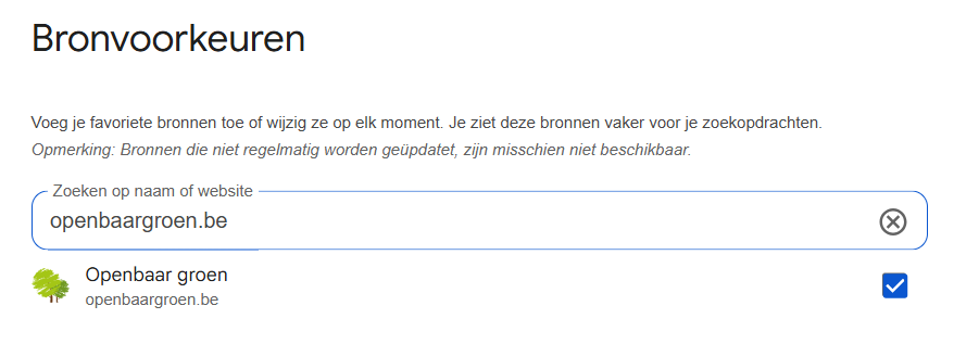 Blauw vinkje bevestigt openbaargroen.be als voorkeursbron