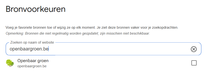 Zoek openbaargroen.be in het Bronvoorkeuren scherm