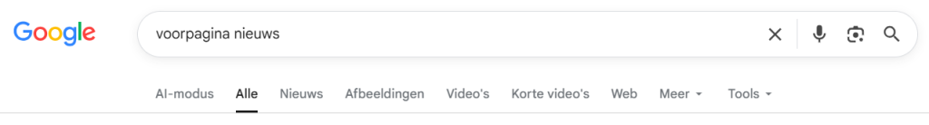 Google zoekbalk met zoekopdracht voorpagina nieuws