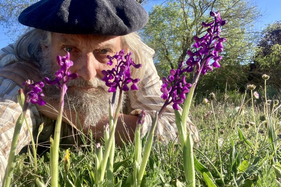 Een zelfportret tussen de prachtige harlekijn orchis © Bart Backaert