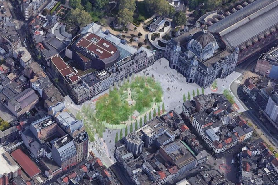 Een simulatiebeeld van het nieuwe Astridplein naar het ontwerp van Bureau Bas Smets. © Bureau Bas Smets