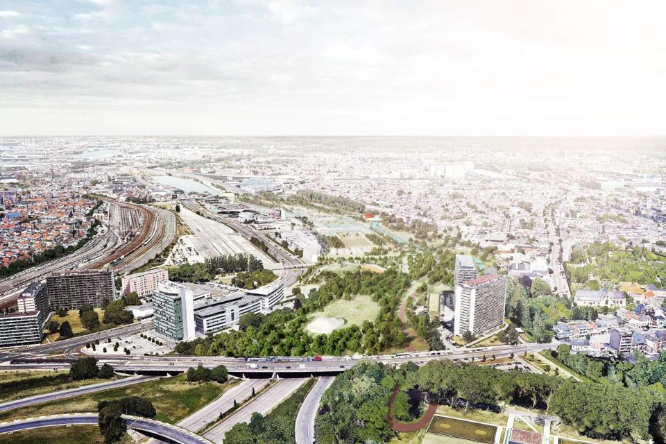 Een visualisatie van Ringpark Het Schijn bovenop de Antwerpse Ring: een groene verbinding tussen Deurne en Borgerhout. © OMGEVING