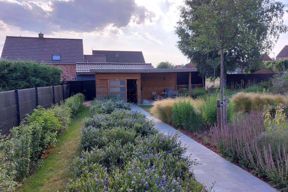 Klassieke saaie tuin werd omgevormd naar tuin waar genieten en biodiversiteit centraal staat.