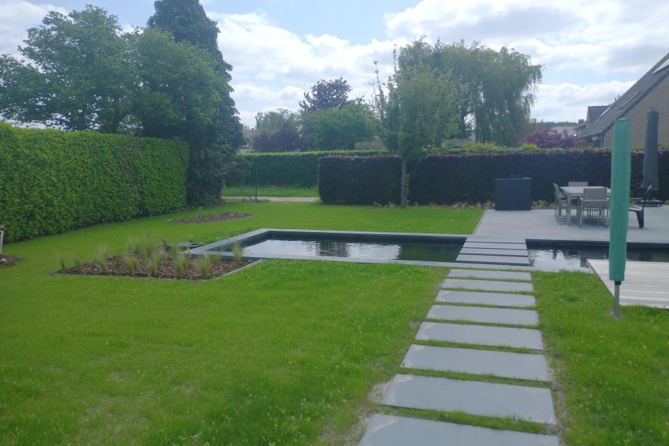 Waterspiegel, stapstenen, houten terras