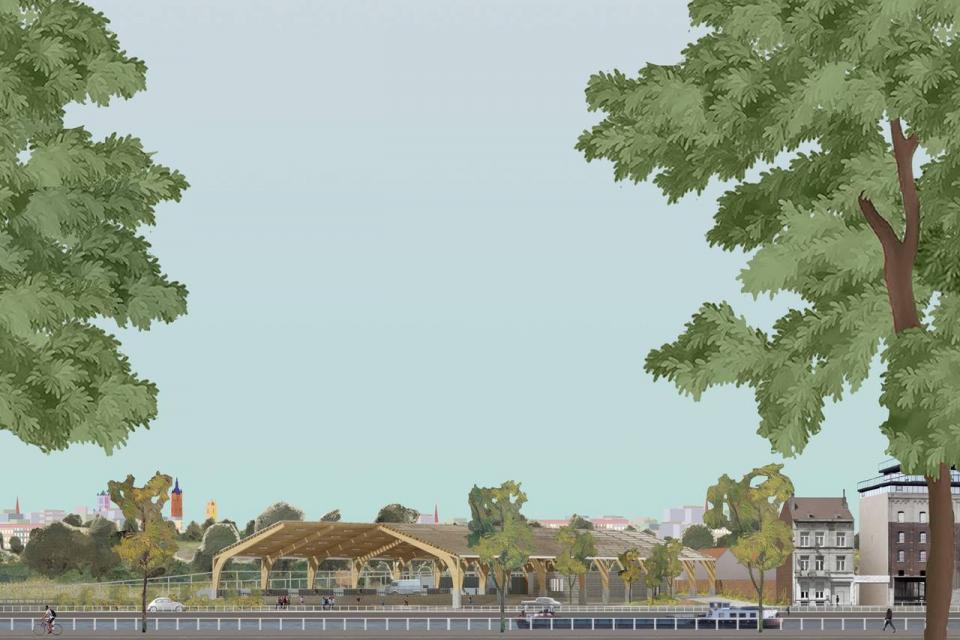 Anderlecht / Containerpark met skatezone in het groen